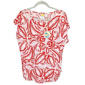 C & C California Red White Floral Linen Top Large NWT Cap Short Sleeves Shirt